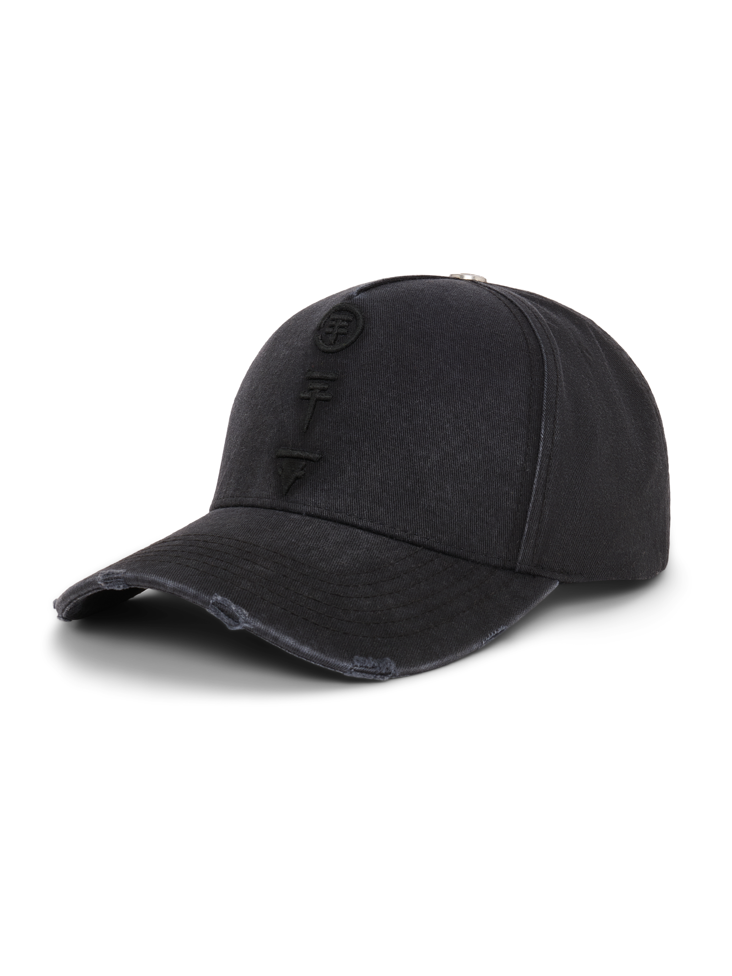 Schwarze Baseballcap mit leicht vorgebogener, dezent distressed Schirmkante. Vertikale, schwarze Stickerei mit Tokio Hotel Symbolen auf der Front.