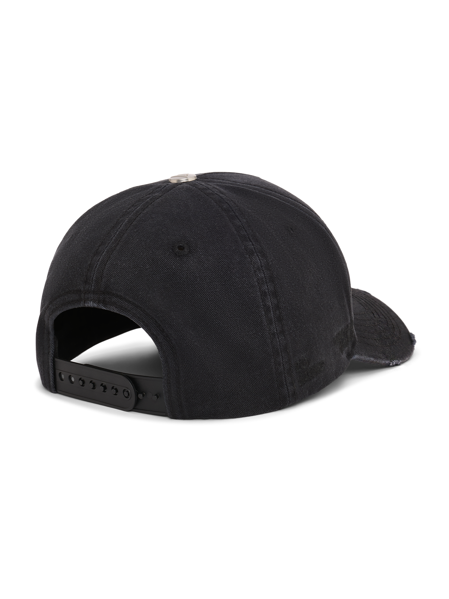 Rückseite der schwarzen Baseballcap mit verstellbarem Snapback-Verschluss und sichtbarer Nahtführung.