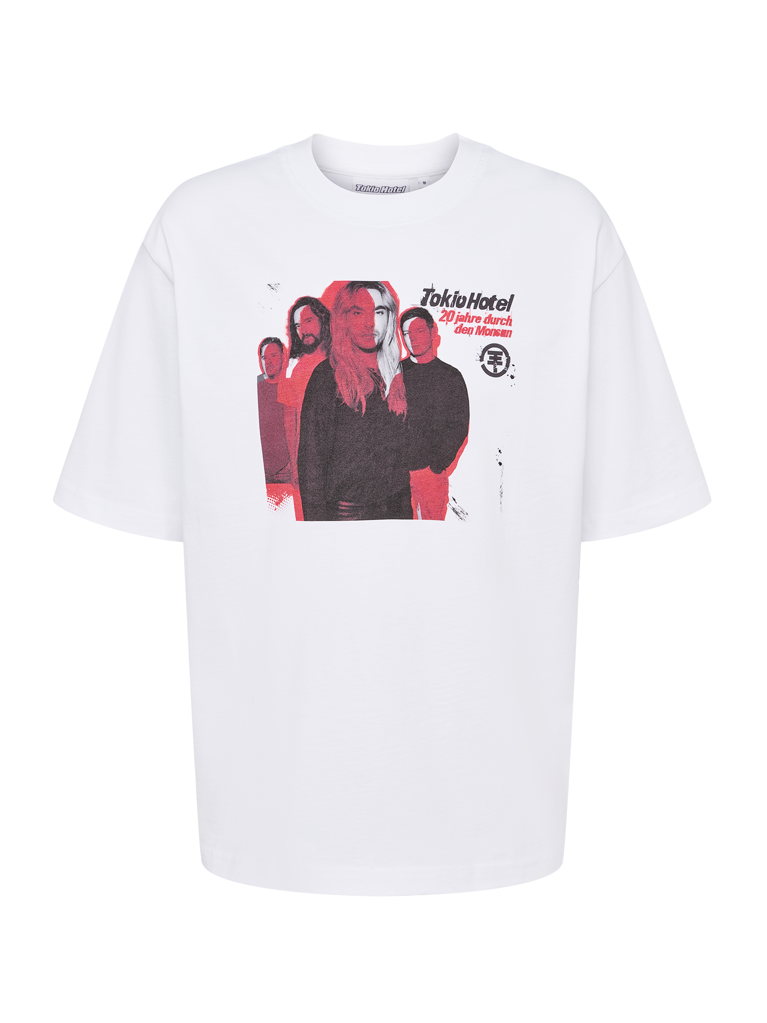 Weißes T-Shirt mit rotem und schwarzem Frontprint der Band Tokio Hotel und dem Schriftzug „20 Jahre durch den Monsun“ sowie dem Bandlogo.